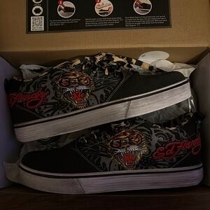 Ed Hardy Black and Red Sneakers with Artistic Design